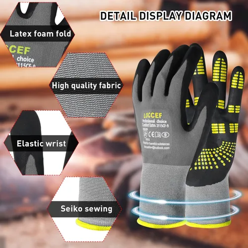 Miniatura 4 de LOCCEF Guantes de trabajo de seguridad con revestimiento de nitrilo de microespuma - 6 pares, nylon sin costuras de resistencia, puntos en la palma