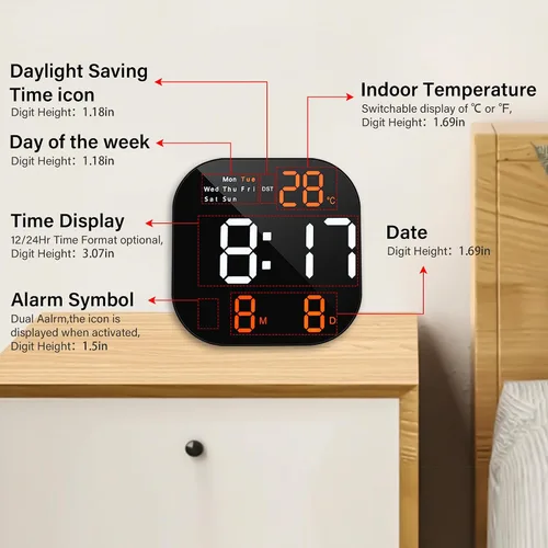 Miniatura 5 de Reloj de pared digital con pantalla LED grande, brillo automático, temperatura, fecha y día de la semana, control remoto, moderno reloj de pared