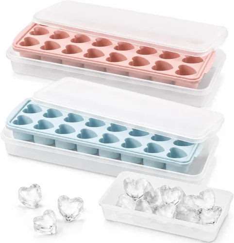 2 paquetes de bandejas para cubitos de hielo en forma de corazón con tapas y compartimentos, moldes de hielo con caja de almacenamiento de hielo, 48