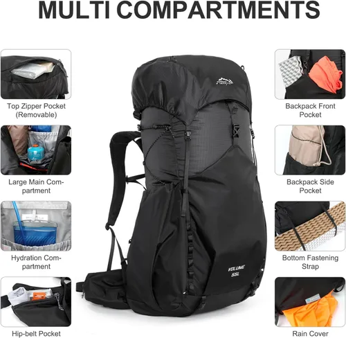 Miniatura 4 de IX INOXTO 55L Mochila con armazón interno resistente al agua para senderismo y camping con vejiga de agua de 3L y cubierta contra la lluvia, mochila