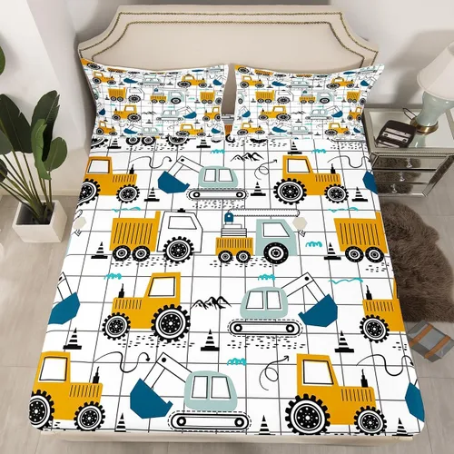 Miniatura 2 de Juego de sábanas tamaño King con diseño de excavadora y tractor para niños con sábana bajera de bolsillo profundo, sábanas de construcción con Multi