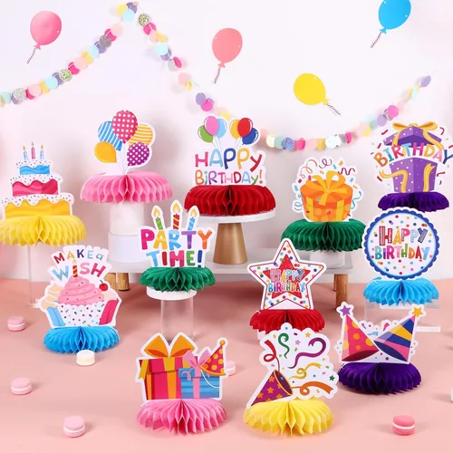 Miniatura 5 de NatNarr 12 piezas de decoración de mesa de cumpleaños, coloridos centros de mesa de feliz cumpleaños, centros de mesa de nido de abeja para niños