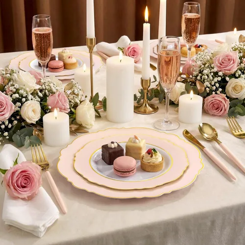 Miniatura 8 de WDF 30Guest - Platos de plástico rosa y cubiertos de plástico dorado con mango rosa, barroco rosa y dorado para bodas y fiestas de lujo, día
