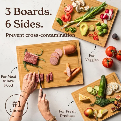 Miniatura 7 de SMIRLY Tablas de cortar de bambú y madera para cocina, juego de 3 grandes - pequeñas, juego de tablas de cortar de bambú y madera con ranuras Bambú