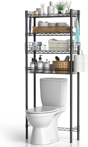 Miniatura 8 de Hodonas Estante de almacenamiento sobre el inodoro, organizador de baño ajustable con soporte para papel higiénico y 8 ganchos, 3 niveles de metal