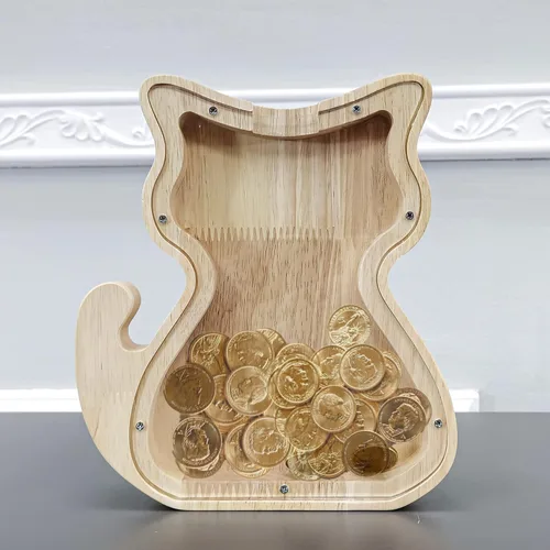 Miniatura 3 de FixtureDisplays® Alcancía de madera para gatos, alcancía de ahorro para niños, bonita moneda de recuerdo para niños y niñas, es un regalo único