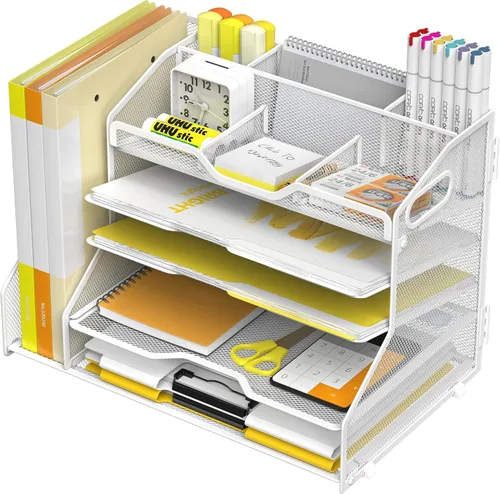 Miniatura 10 de YINGHUA Bandeja organizadora de cartas de papel de 5 niveles con 6 compartimentos ajustables superiores y soporte para archivos, clasificador de 5