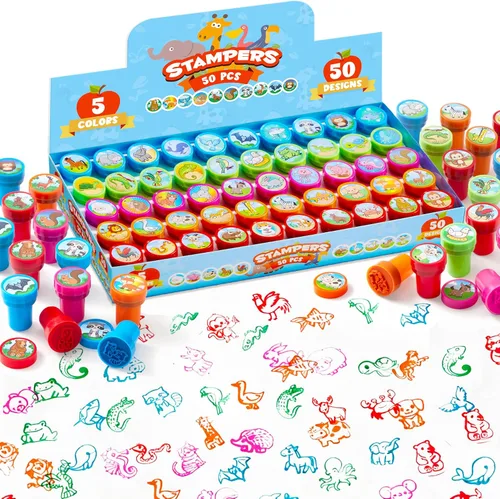 JOYIN 50 sellos de animales para niños, con 50 diseños diferentes, granja, animales marinos, sellos para manualidades, caja de premios juguetes para