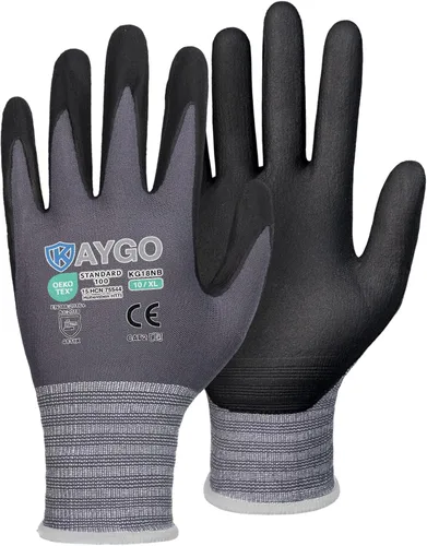 Miniatura 12 de KAYGO Guantes de Trabajo de Seguridad con Revestimiento de Nitrilo MicroFoam, 3 Pares KG18NB, Guante de Punto Sin Costuras de Nylon con Dedos Gris