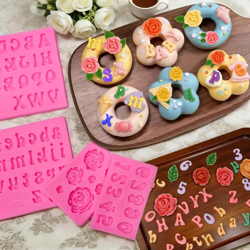 Miniatura 2 de 5 moldes de silicona para números de letras, molde de silicona de hojas de rosa, molde de números del alfabeto para fondant de chocolate, dulces