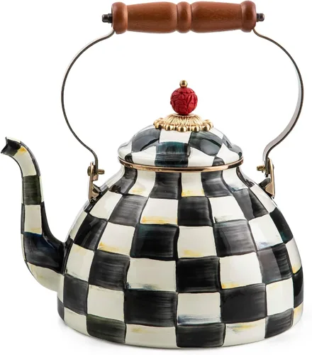 MACKENZIE-CHILDS Tetera esmaltada, elegante tetera para estufa, cuadros cortesanos en blanco y negro, 3 cuartos de galón color fantasía (Courtly