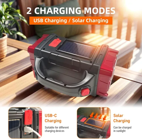 Miniatura 4 de Linterna solar de mano, 4 modos de iluminación, luz de trabajo LED recargable, USB-C y linterna portátil con energía solar, luz de campamento de Rojo