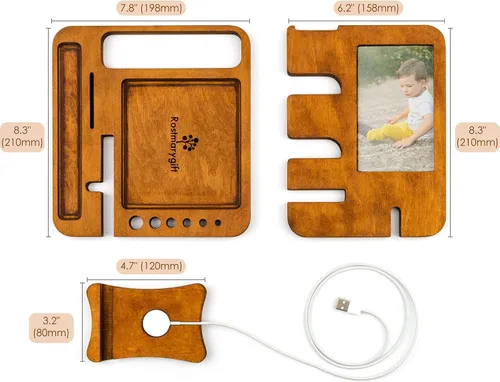 Miniatura 5 de Estación de acoplamiento de madera para teléfono, organizador de mesita de noche para hombres, soporte para reloj y tableta, soporte para reloj