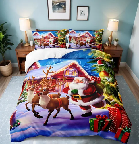 Miniatura 25 de Herside Juego de funda de edredón de Navidad, tamaño Queen, colorido patrón navideño impreso, bonita decoración navideña, microfibra suave, funda