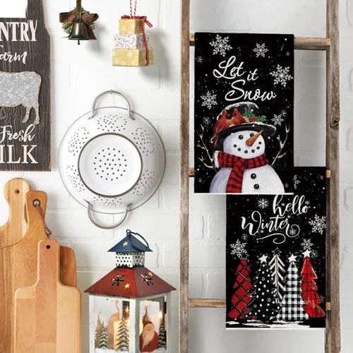 Miniatura 3 de Artoid Mode Toallas de cocina de nieve negra Deja que nieve Árboles de Navidad ¡Hola invierno! Toallas de cocina, toallas de mano de decoración