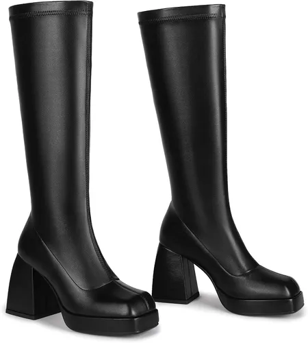 Miniatura 4 de DOBOYG Botas altas hasta la rodilla para mujer, botas de plataforma, tacón grueso de bloque elástico, punta cuadrada, botas altas de charol