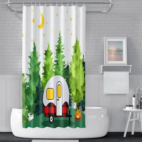 Miniatura 33 de Cortina de ducha Happy Camper de 48 x 72 pulgadas, diseño de caricaturas, remolque, hoguera, aventura al aire libre, cortina de baño para decoración