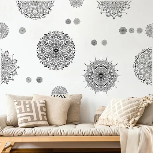 Kazova 20 calcomanías de pared de mandala grande, 20 unidades, 2 hojas, color negro, calcomanías de mandala boho para dormitorio, sala de estar,