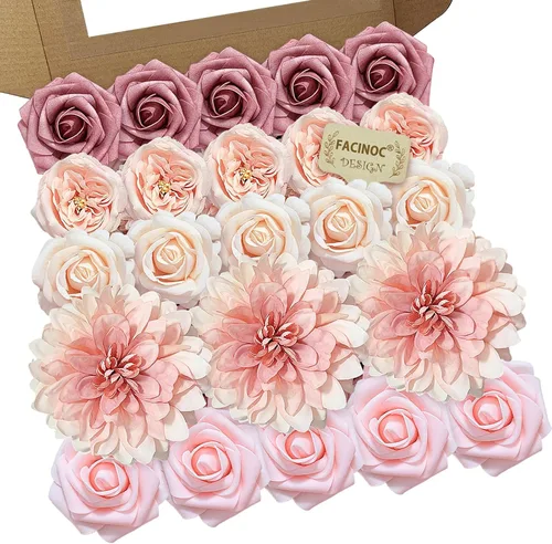 Miniatura 12 de FACINOC Rosas Flores Artificiales Ramo Combo Caja Set para Bricolaje Centros de Mesa de Boda para Mesa Nupcial Baby Shower Fiesta Decoraciones