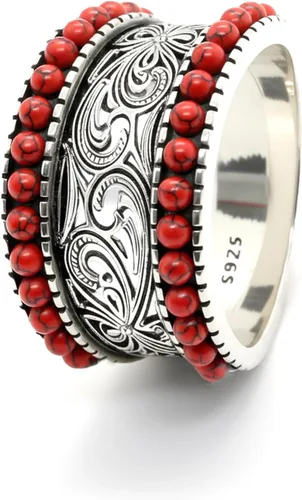 HAIXIAN Anillo de doble fila con diseño de flores de la suerte con esferas turquesas grabadas para mujeres y hombres, plata de ley S925, estilo