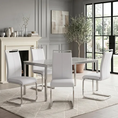 Miniatura 8 de Juego de sillas de comedor gopop, sillas modernas de metal para cocina con asiento acolchado de piel sintética, respaldo alto y patas de cromo