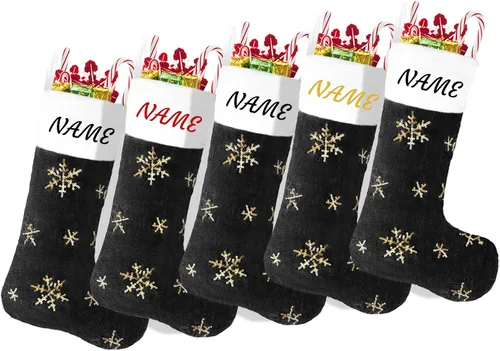 Miniatura 8 de Calcetines negros de piel sintética de Navidad, 1 paquete grande de 22 pulgadas, medias colgantes de felpa negra con nombre personalizado con copos