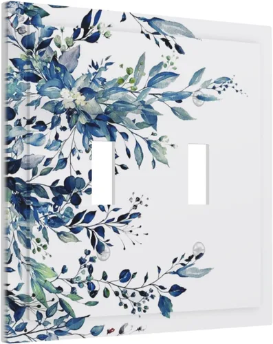 Miniatura 2 de Cubiertas de Interruptor de Luz de Doble Palanca con Hojas de Plantas Florales de Eucalipto Azul en Acuarela, Placa Decorativa de Pared de 2