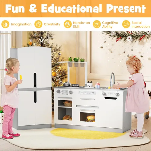 Miniatura 9 de Costzon Juego de cocina para niños, juego modular de madera de 2 piezas con agua corriente, sonido y luz, nevera, lavavajillas, microondas, horno