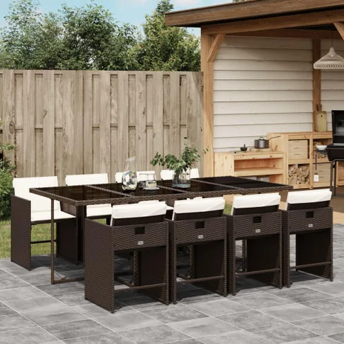 Miniatura 21 de 11-Piece Brown Poly Rattan Patio Dining Set with Cream Cushions Outdoor Furniture Foldable Chairs Tempered Glass Table for Garden Backyard Patio
