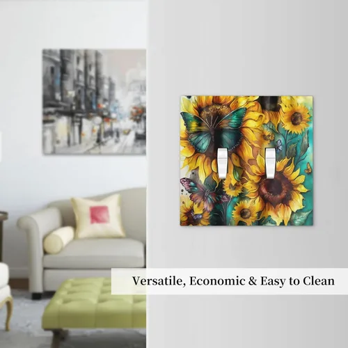 Miniatura 7 de Girasoles Amarillos Verde Azulado Mariposa Cubierta de Interruptor de Luz de Doble Palanca Decorativa Placa de Pared de 2 Gang Rústica Botánica
