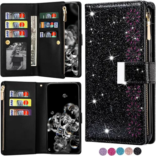 XYX Funda tipo cartera con cremallera para Samsung Galaxy A32 5G (no compatible con A32 4G), con 9 ranuras para tarjetas, con purpurina y correa