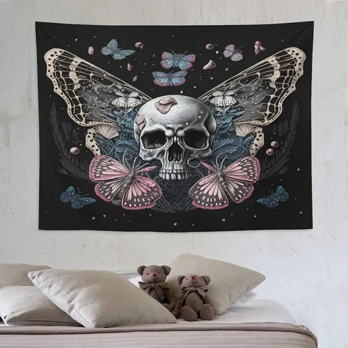Miniatura 11 de Naykow Tapiz de calavera y mariposa, tapiz rosa trippy negro, tapiz de bruja gótica para dormitorio, decoración de habitación hippie de mariposa