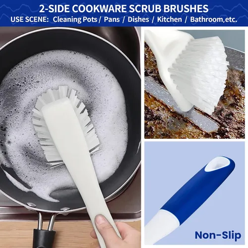 Miniatura 6 de CELOX Juego de cepillos de cocina con mango ergonómico, cepillos de limpieza profunda, incluye cepillo para platos (azul)