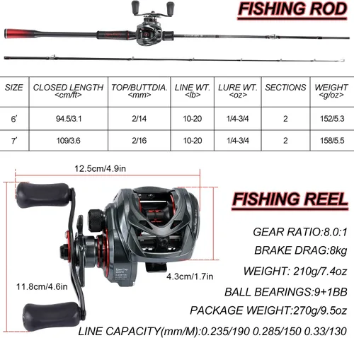 Miniatura 8 de Sougayilang Baitcasting Rod and Reel Combo, 2-Piece Medium Rod with 8.0:1 High-Speed Baitcaster Reel, Magnetic Brake System, Travel-Friendly Bass