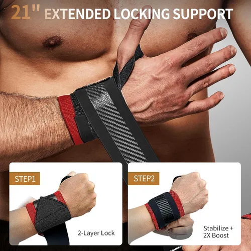 Miniatura 5 de Jaffick Muñequeras reforzadas de doble capa para levantamiento de pesas, hombres y mujeres, diseño de lazo para el pulgar para levantamiento de Rojo