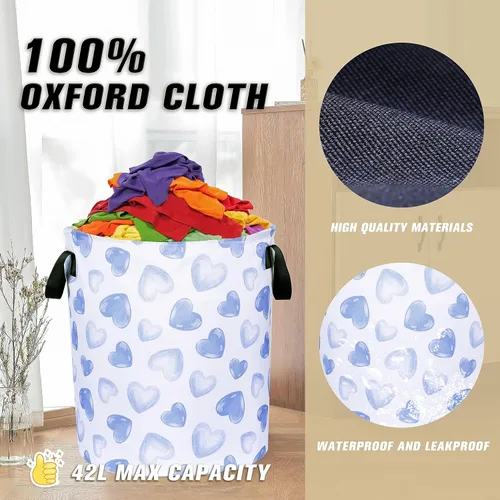 Miniatura 6 de Cesta de lavandería con diseño de corazón azul, divertida bolsa plegable de tela Oxford, cesta de almacenamiento de ropa, organizador para baño