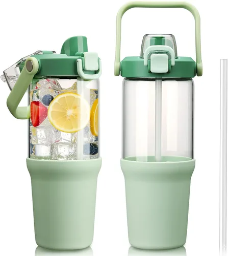 Miniatura 13 de Vaso de vidrio con asa de transporte, botella de agua de vidrio transparente con tapa a prueba de fugas, tapa de boquilla y popote, sin BPA, 32
