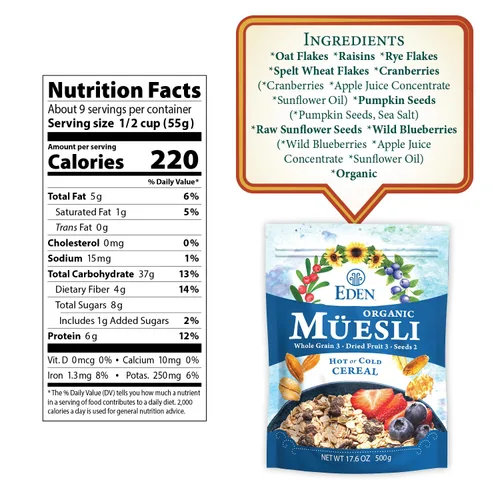 Miniatura 2 de Eden Cereal Muesli Orgánico, Cómelo Caliente o Frío, Copos de Avena, Centeno, Trigo y Espelta, Pasas, Arándanos Rojos, Arándanos Azules Silvestres