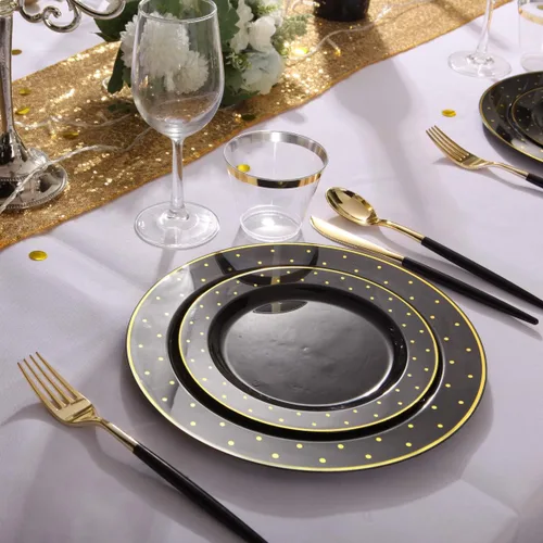 Miniatura 4 de I00000 - Paquete de 102 unidades, platos de plástico de color negro y dorado, 51 platos llanos de 10.25 pulgadas y 51 platos de postre de 7.5