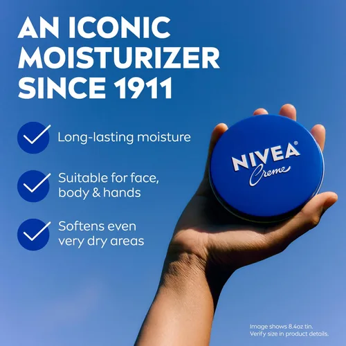 Miniatura 3 de NIVEA Crema hidratante para el cuerpo, la cara y las manos, fórmula alemana, rica crema hidratante corporal con provitamina B5, lata de 8.4 onzas