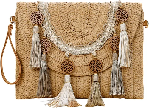 YYW Bolso de paja con paja, bolso de hombro de paja para mujer, para verano, playa, crucero, sobre, embrague, bolsa de rafia