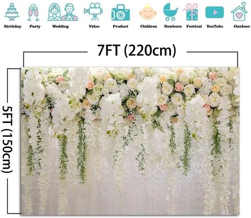 Miniatura 4 de YQ - Telón de fondo floral de rosa blanca de 7 x 5 pies para fotografía de despedida de soltera, boda, flores, decoración de pared, fondo de fotos