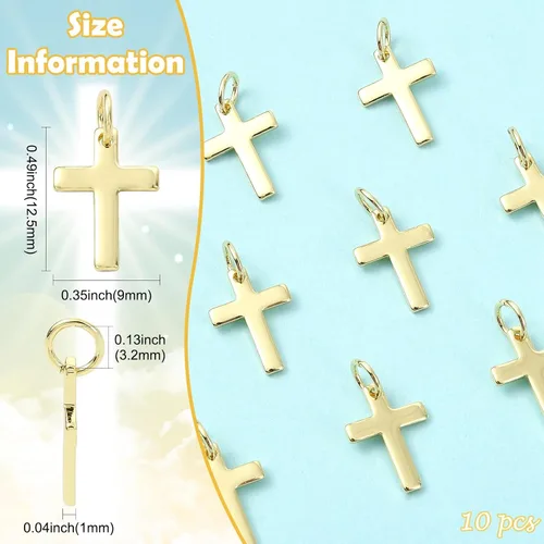 Miniatura 2 de Airssory 10 dijes de cruz diminutas de 0.492 x 0.354 in, latón chapado en oro, de metal, delicados, minimalistas, simples colgantes para fe
