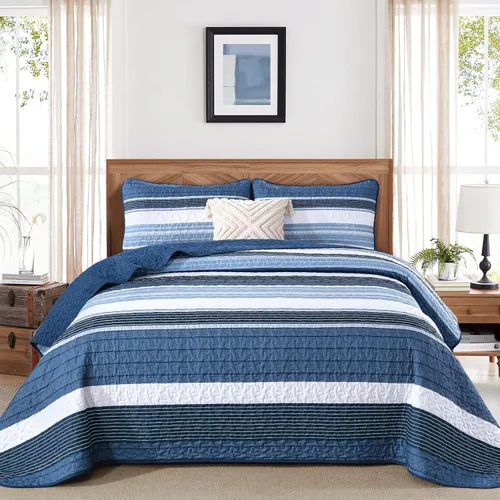 Juego de edredón de rayas azules tamaño Queen de 3 piezas, colcha de retazos de verano, cubrecama, juego de ropa de cama azul y blanco suave y