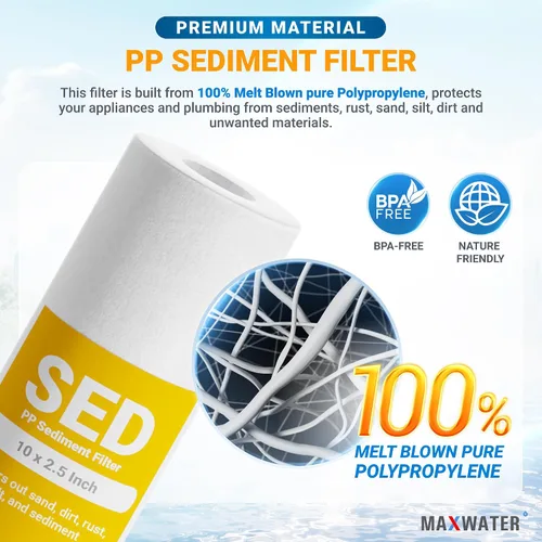 Miniatura 3 de Max Water Cartucho de filtro de agua de sedimentos de repuesto de 10 x 2.5 pulgadas para toda la casa, fibra de filtración soplada por fusión
