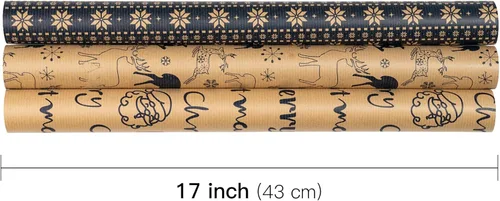 Miniatura 6 de RUSPEPA - Rollos de papel de regalo de Navidad - Mini rollo - 17 pulgadas x 10 pies por rollo, total de 3 rollos - Diseño de renos y copos de nieve