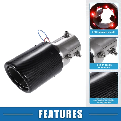 Miniatura 3 de Tubo de escape de coche con luces LED rojas ajustable 1.4-2.2 pulgadas entrada 8.3 pulgadas longitud acero inoxidable fibra de carbono patrón negro