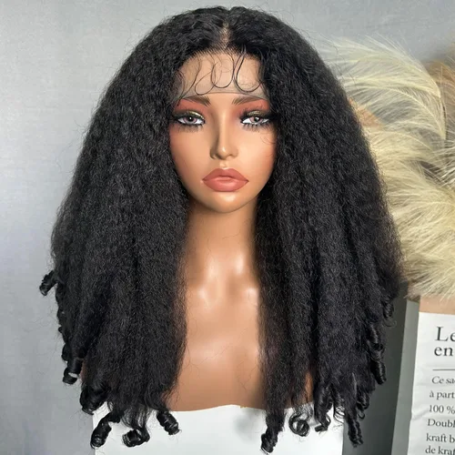 Miniatura 17 de SOKU Nueva peluca rizada afro con diadema, textura de cabello sintético trenzado con rizos únicos en el extremo, negro de 20 pulgadas, pelucas