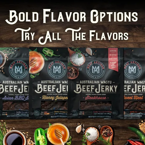Miniatura 7 de Meat Artisan - Cecina de res estilo Wagyu australiano de Asia con BBQ - Snack alto en proteínas - Sin gluten, sin GMS - Gourmet natural premium 3oz