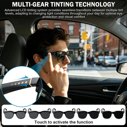 Miniatura 2 de Lentes de sol inteligentes Bluetooth con lentes electrocrómicos, control de tinte multinivel para conducir, viajar, pescar, uso diario, altavoces